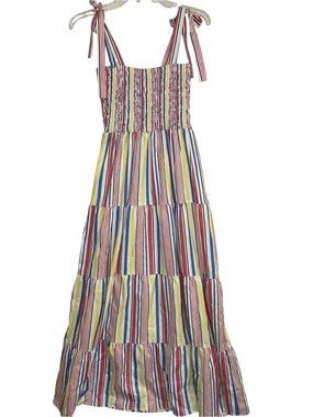 C+D+M Collection Striped Smocked Tie Strap Maxi Dress Large Boho Summer Cotton